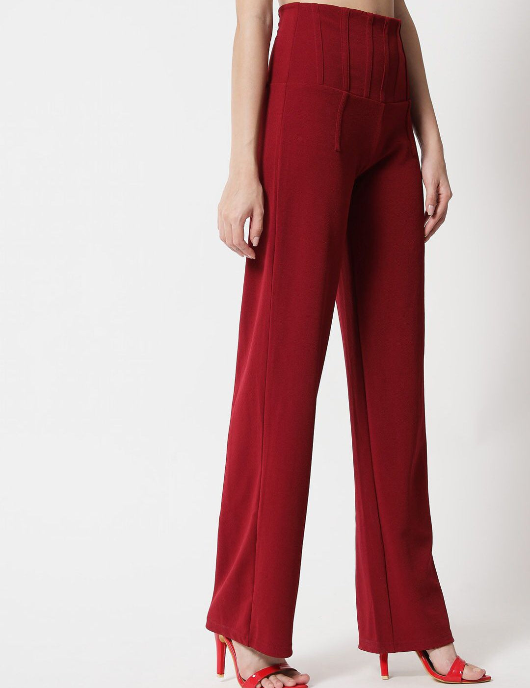 Kotty Women Maroon Relaxed Straight Fit High-Rise Easy Wash Pleated Trousers
