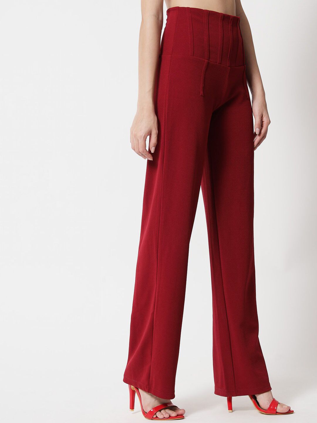 Kotty Women Maroon Relaxed Straight Fit High-Rise Easy Wash Pleated Trousers