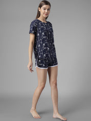 Kotty Women Navy Blue & White Printed Night suit