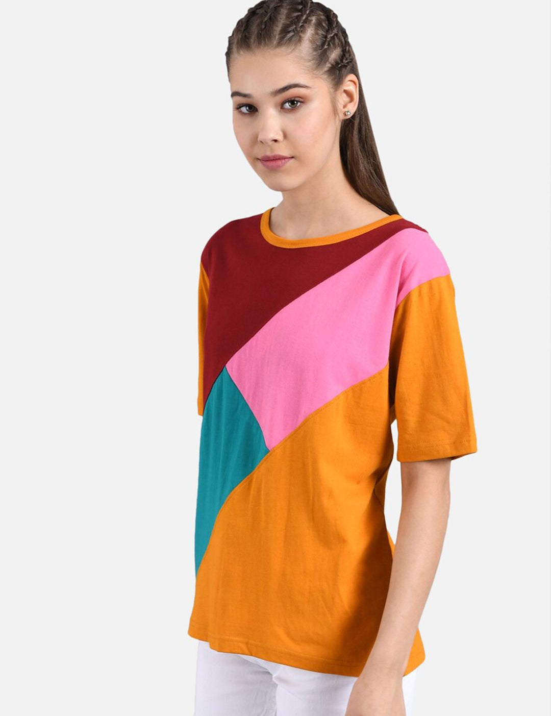 Kotty Women Orange & Maroon Colourblocked Round Neck T-shirt