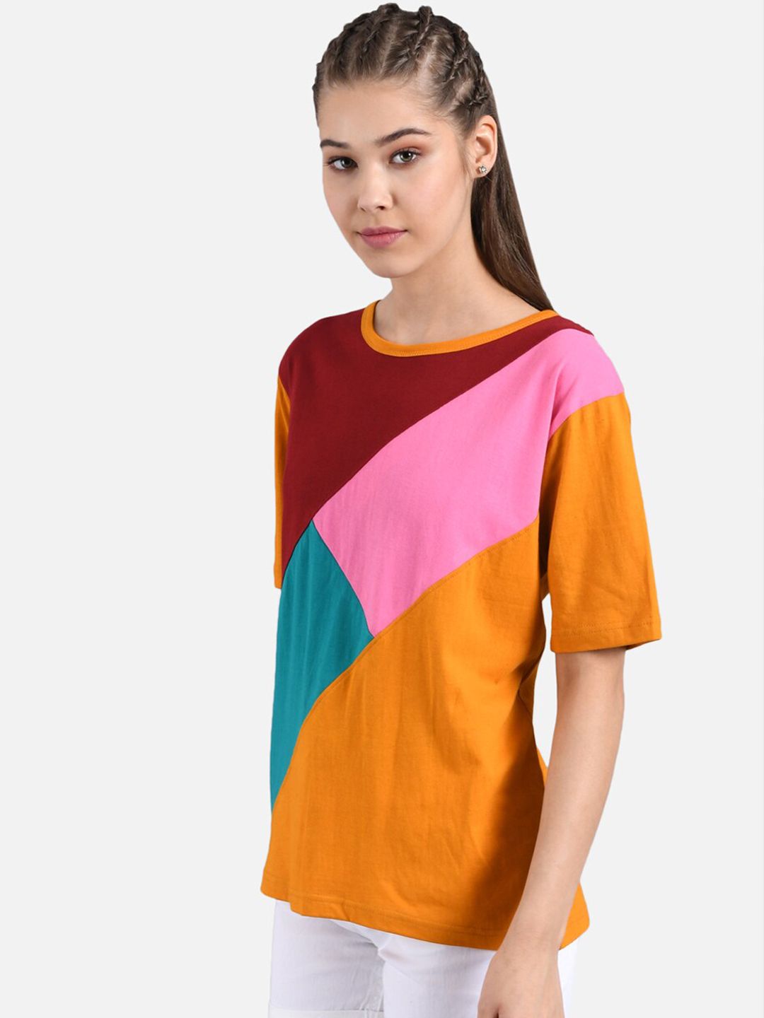 Kotty Women Orange & Maroon Colourblocked Round Neck T-shirt