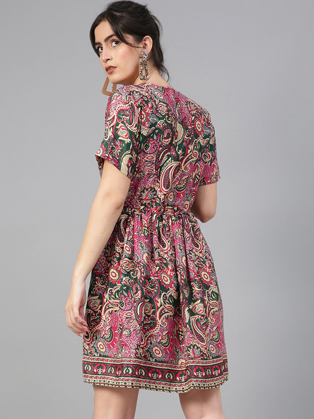 Kotty Green & Pink Ethnic Motifs Printed V-Neck Crepe Fit & Flare Dress