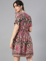 Kotty Green & Pink Ethnic Motifs Printed V-Neck Crepe Fit & Flare Dress