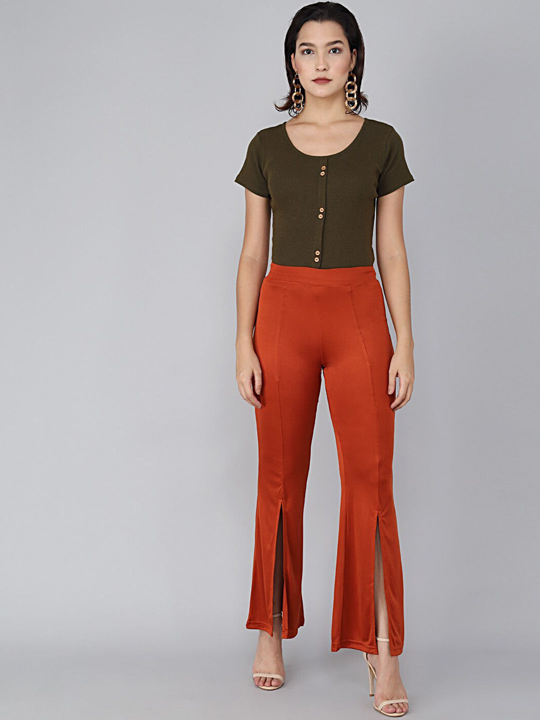 Kotty Women Orange Flared High Rise Bootcut Trousers