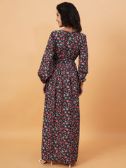 Kotty Black & Red Floral Printed V Neck Puff Sleeves Crepe A Line Maxi Dress