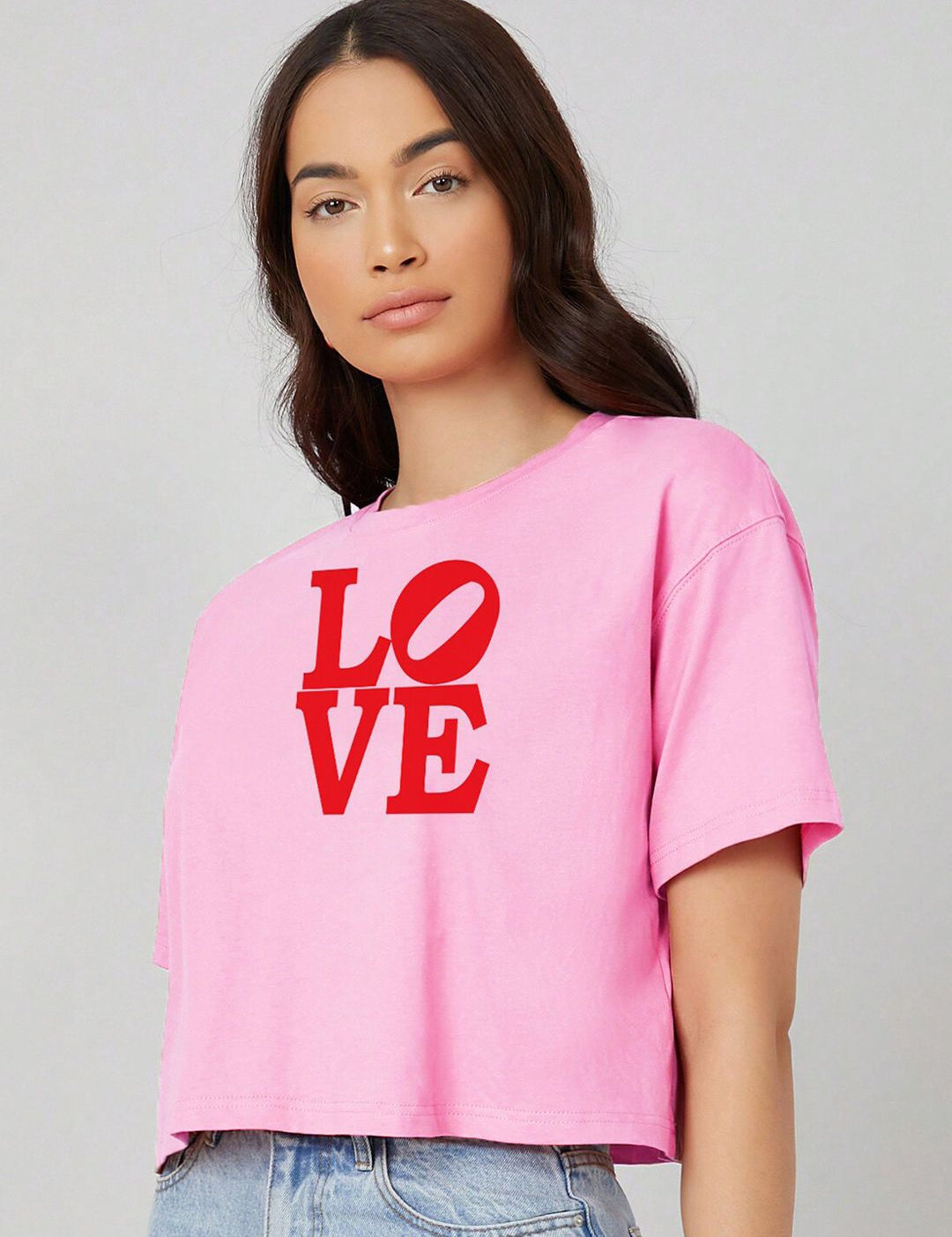 Kotty Pink Typography Printed Drop-Shoulder Sleeves Cotton Oversized Crop T-shirt