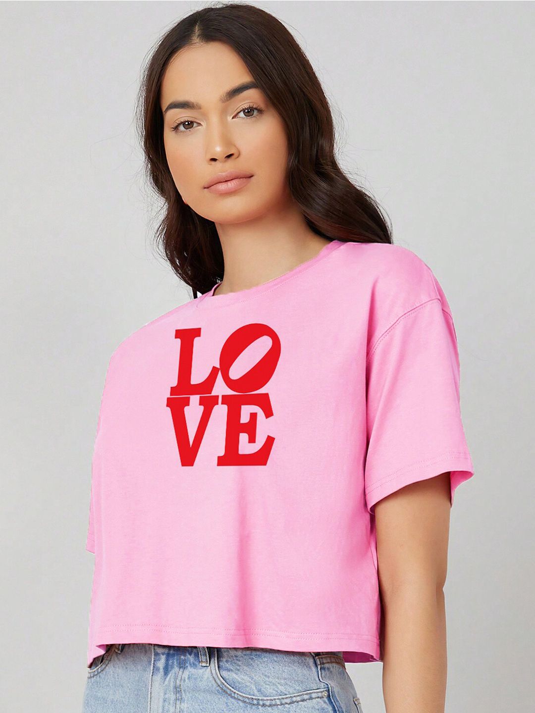 Kotty Pink Typography Printed Drop-Shoulder Sleeves Cotton Oversized Crop T-shirt