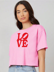 Kotty Pink Typography Printed Drop-Shoulder Sleeves Cotton Oversized Crop T-shirt