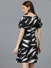 Kotty Black Abstract Printed Satin A-Line Dress