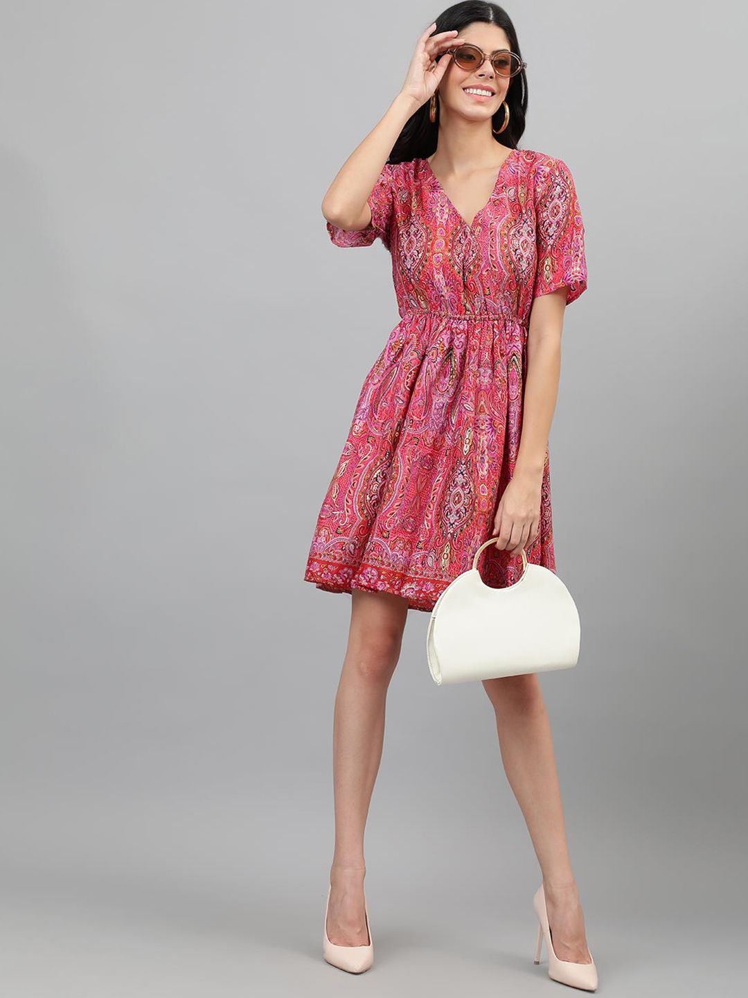 Kotty Orange And Pink Ethnic Printed V-Neck Blouson Dress