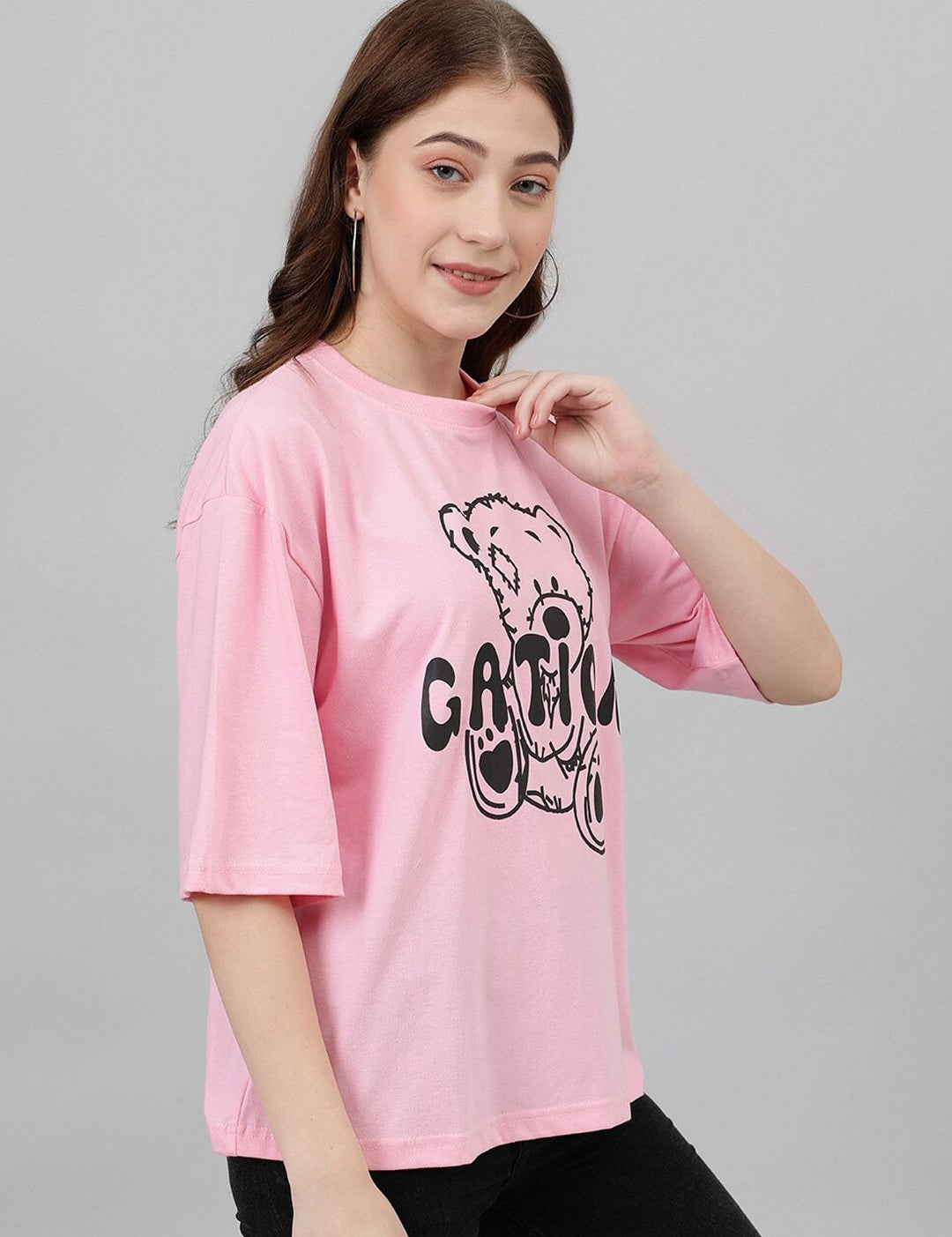 Kotty Graphic Printed Drop-Shoulder Sleeves Oversized Casual T-shirt
