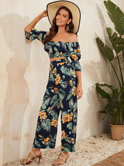 Kotty Navy Blue Printed Off Shoulder Top With Trouser  