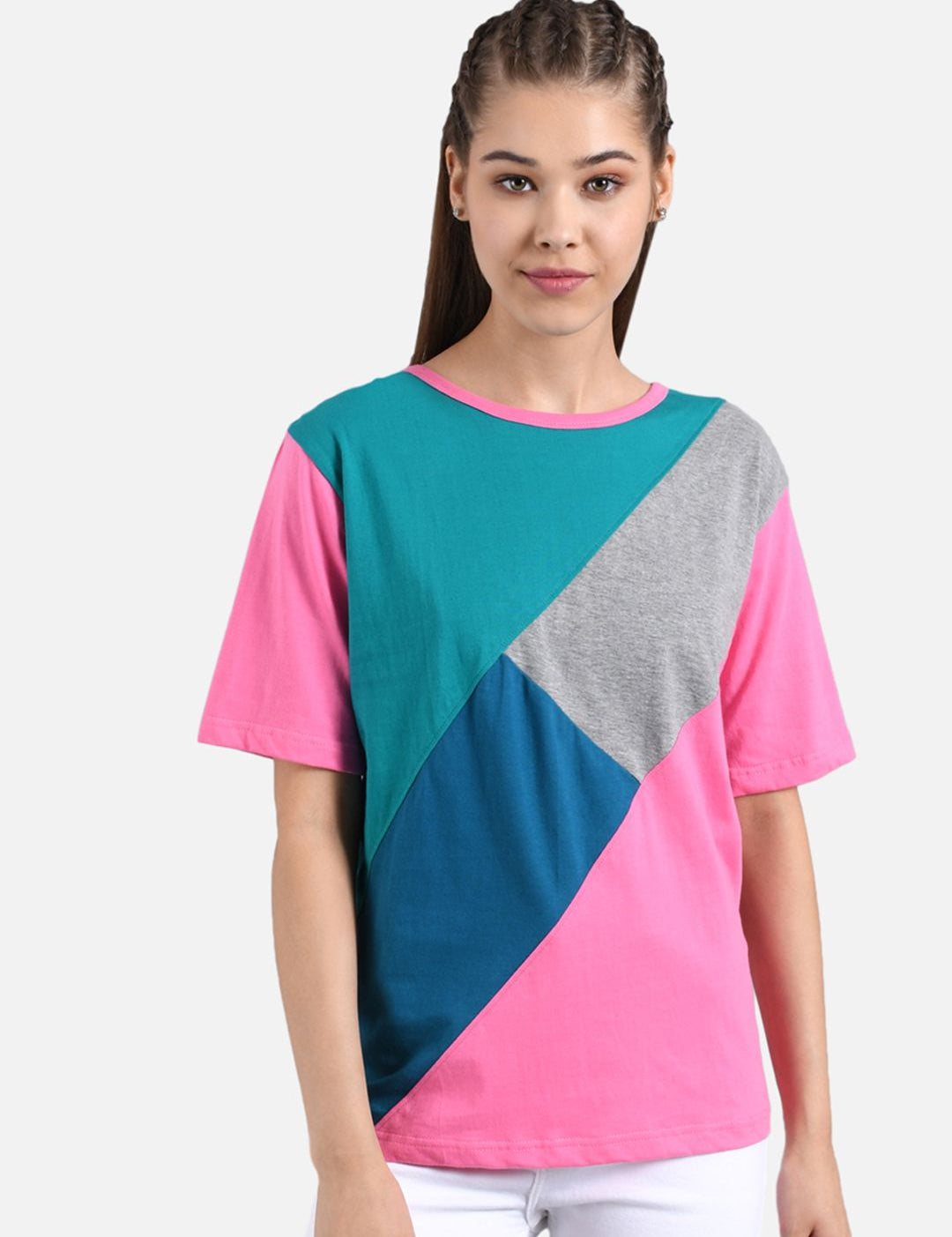 Kotty Women Blue & Pink Colourblocked Round Neck T-shirt