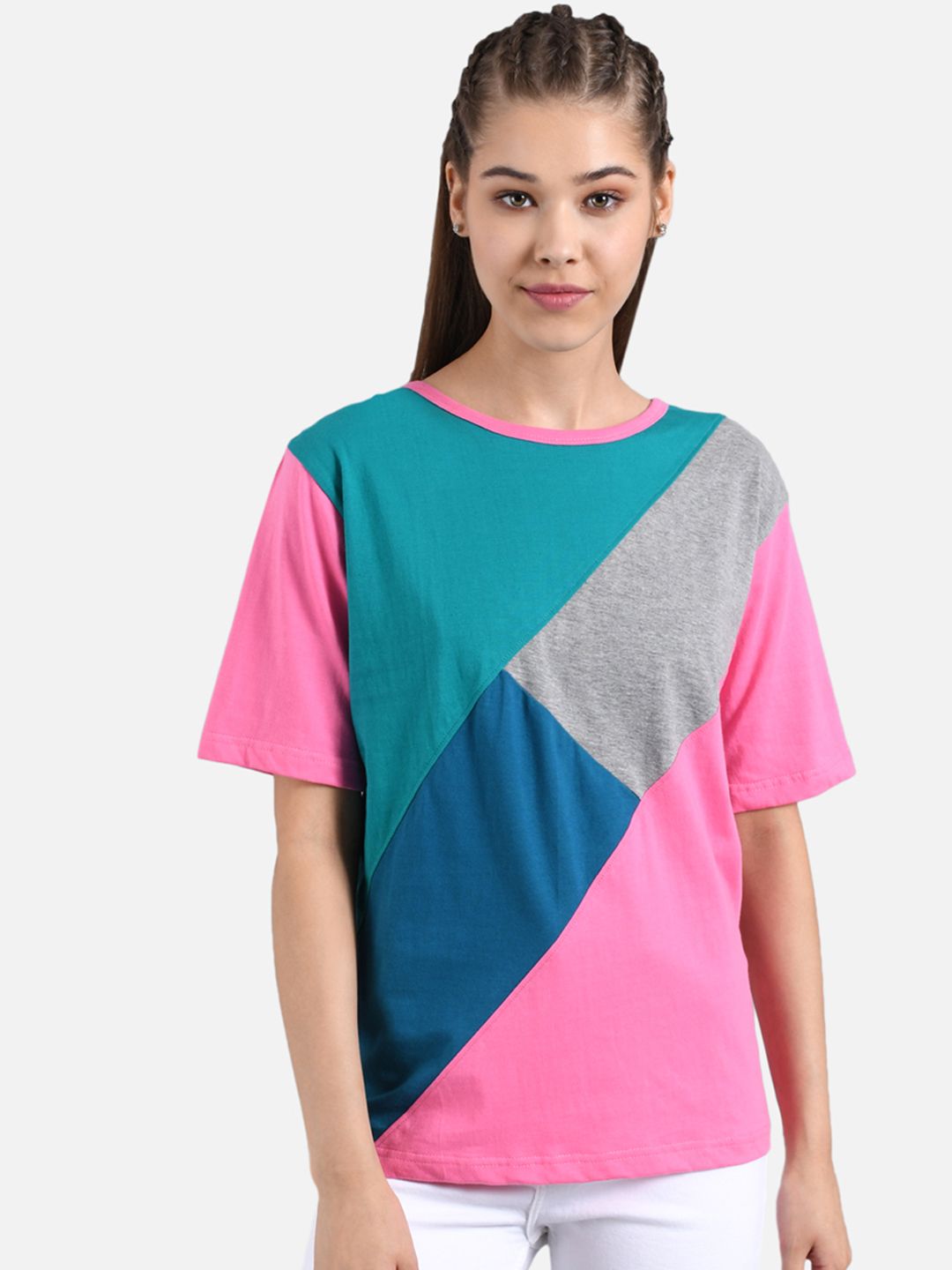 Kotty Women Blue & Pink Colourblocked Round Neck T-shirt