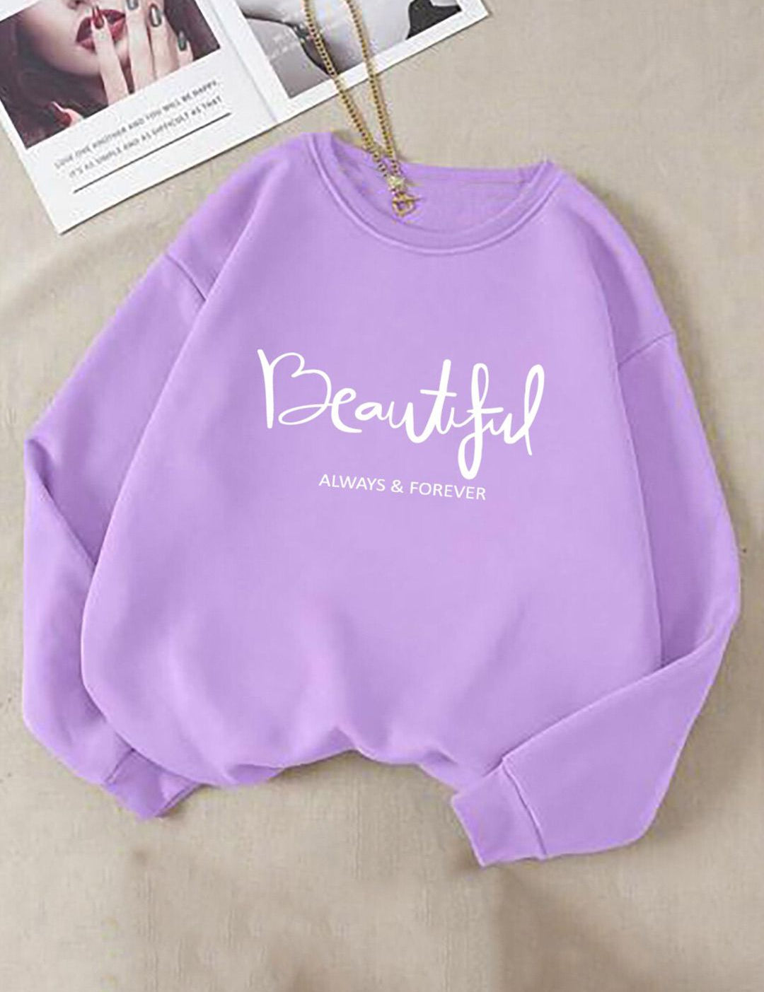 Kotty Purple Typography Printed Fleece Pullover