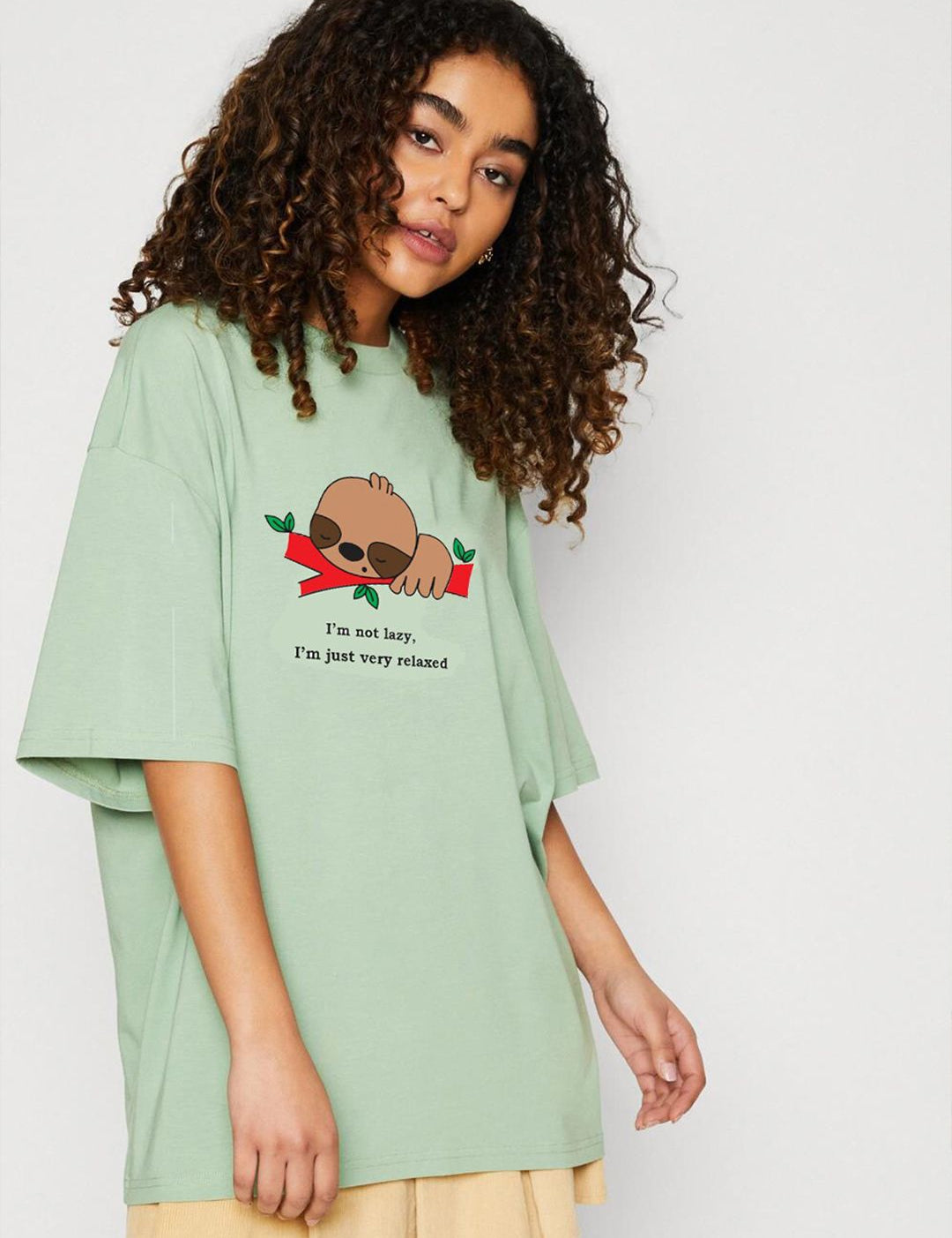 Kotty Green Printed Round Neck Drop-Shoulder Sleeves Oversized T-shirt