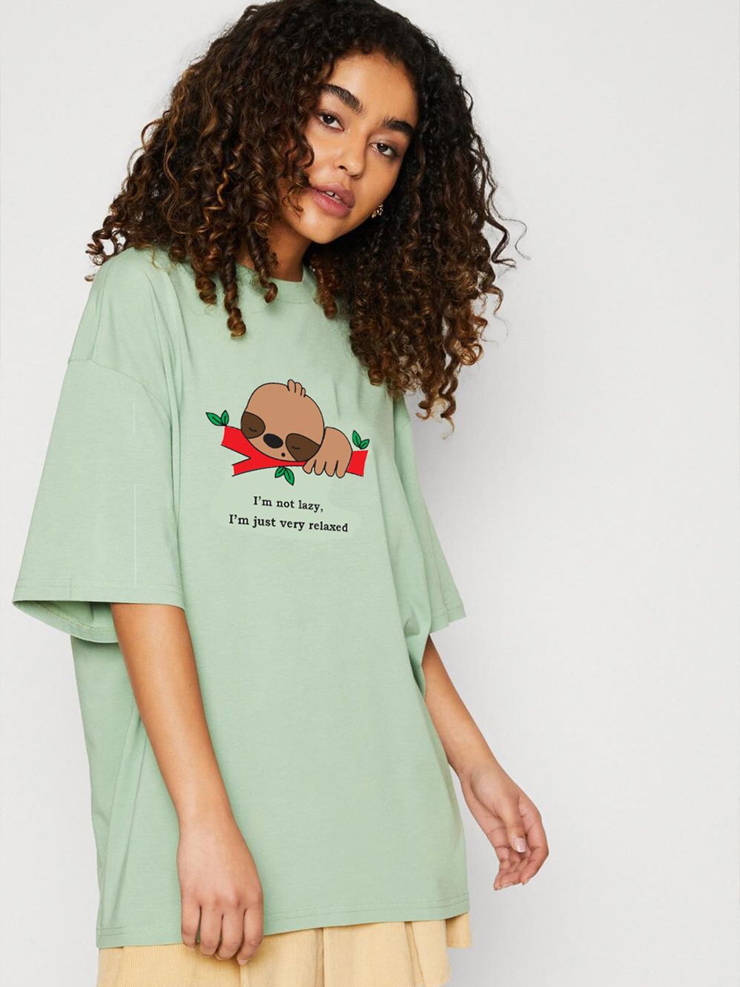 Kotty Green Printed Round Neck Drop-Shoulder Sleeves Oversized T-shirt