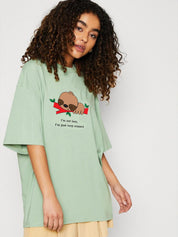Kotty Green Printed Round Neck Drop-Shoulder Sleeves Oversized T-shirt