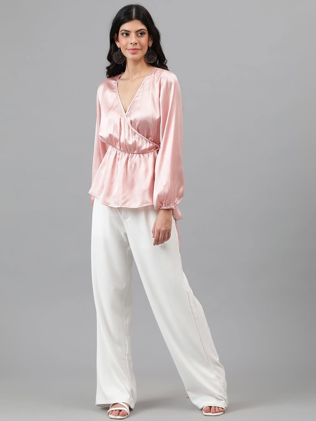 Kotty Pink Cuffed Sleeve Satin Wrap Waist Top