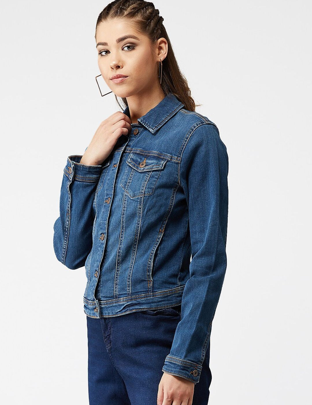 Kotty Women Navy Blue Solid Denim Jacket