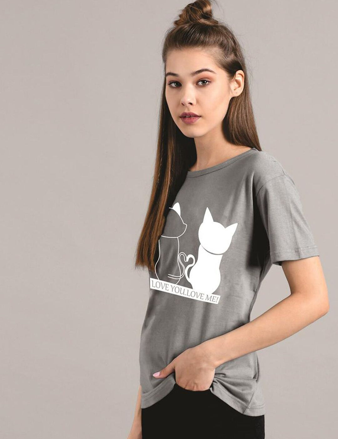 Kotty Women Grey Printed Round Neck T-shirt