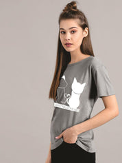 Kotty Women Grey Printed Round Neck T-shirt