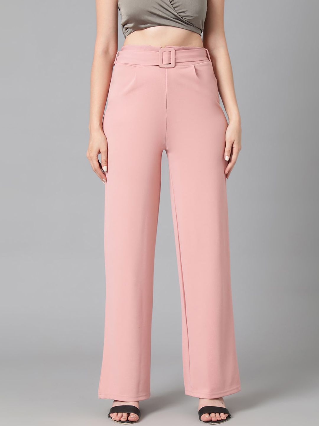 KOTTY BIZwear Women Pink Relaxed Straight Leg Straight Fit High-Rise Easy Wash Pleated Trousers