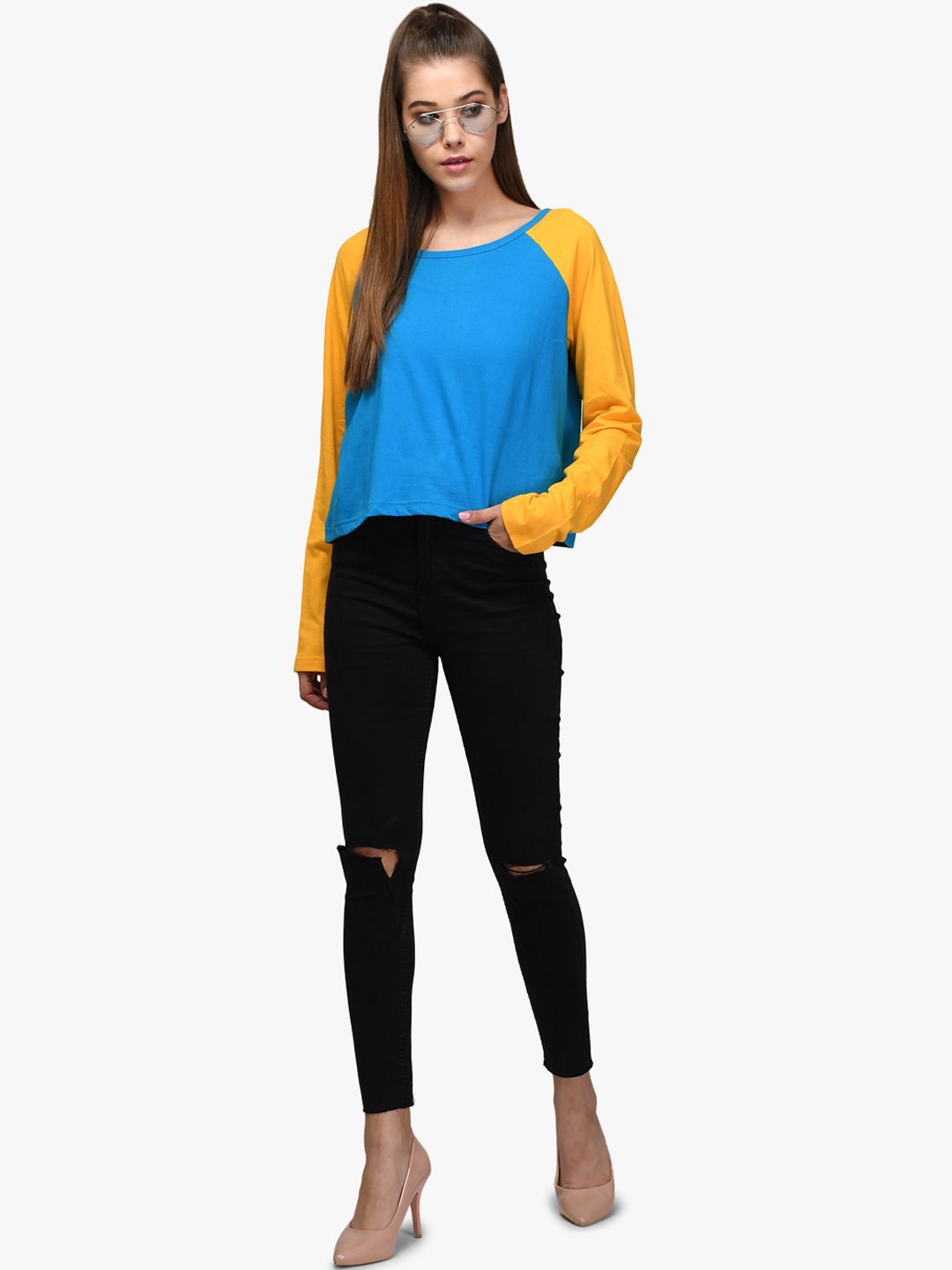 Kotty Women Blue & Yellow Colourblocked Round Neck T-shirt