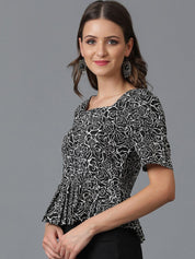 Kotty Black Floral Printed Puff Sleeve Crepe Peplum Top