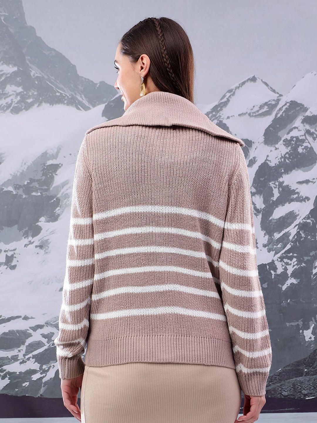 Kotty Women Striped Shirt Collar Cardigan Sweater with Zip Detail 