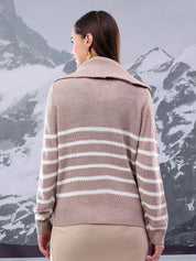 Kotty Women Striped Shirt Collar Cardigan Sweater with Zip Detail 