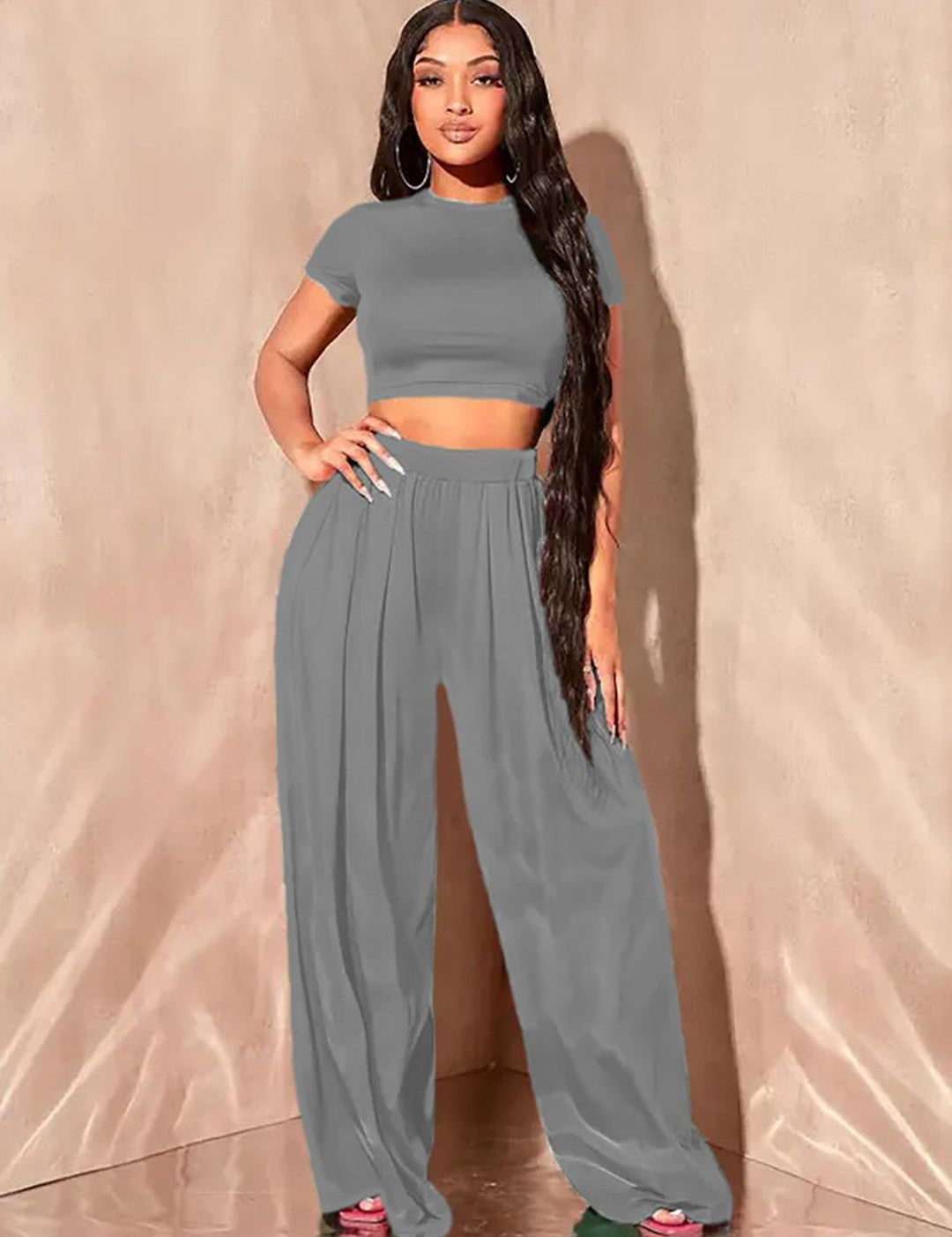 Kotty Round Neck Crop Top With Wide-Leg Trousers Co-Ords
