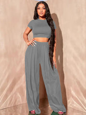 Kotty Round Neck Crop Top With Wide-Leg Trousers Co-Ords