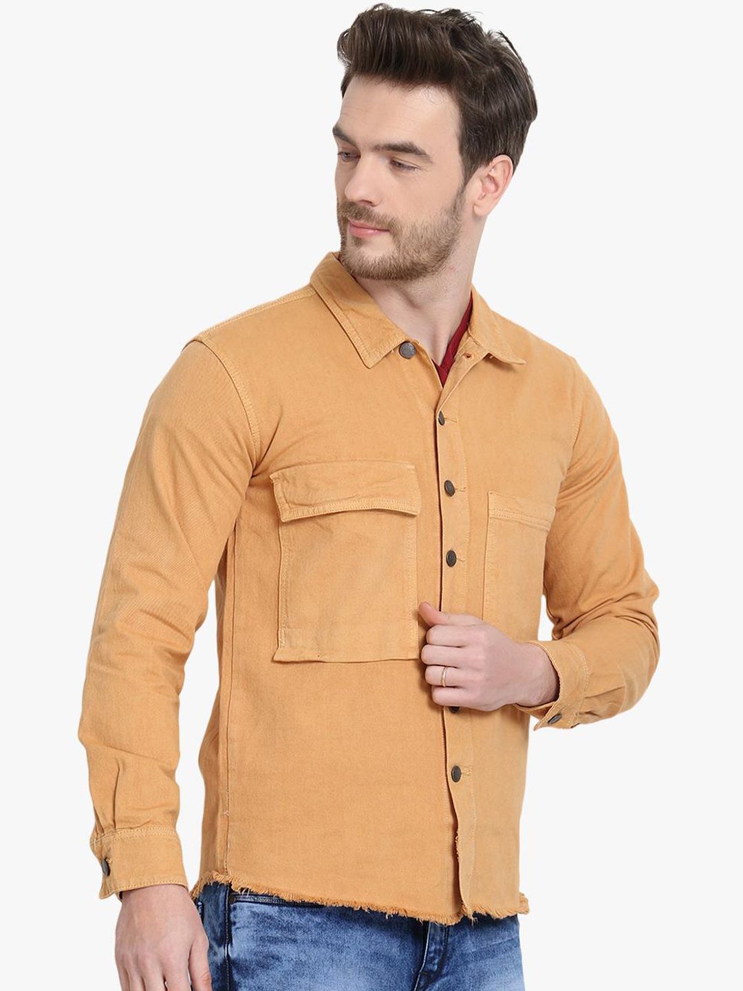 Kotty Men Yellow Solid Denim Jacket