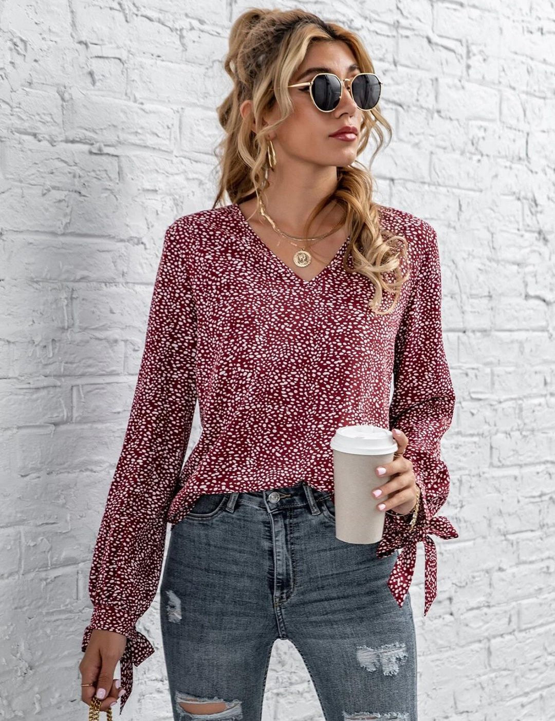 Kotty Abstract Printed Cuffed Sleeves Crepe Top