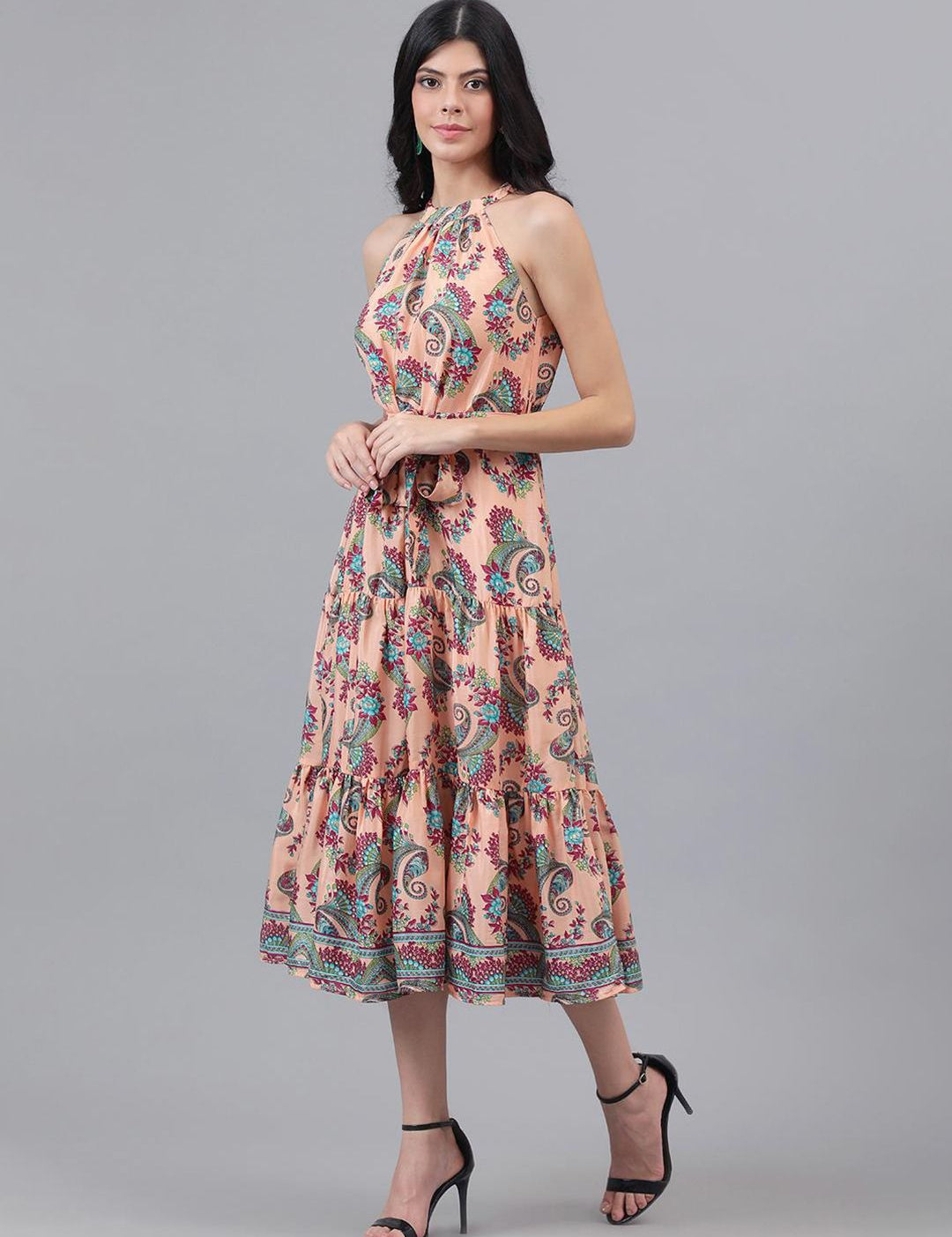 Kotty Orange and Maroon Paisley Printed Choker Neck Tiered Fit & Flare Midi Dress