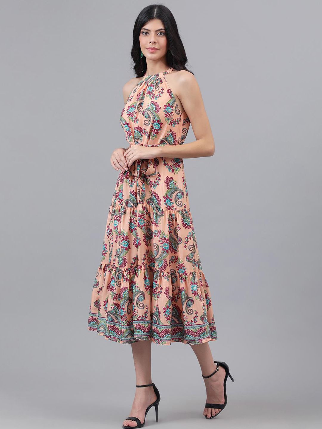 Kotty Orange and Maroon Paisley Printed Choker Neck Tiered Fit & Flare Midi Dress