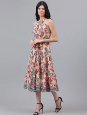 Kotty Orange and Maroon Paisley Printed Choker Neck Tiered Fit & Flare Midi Dress