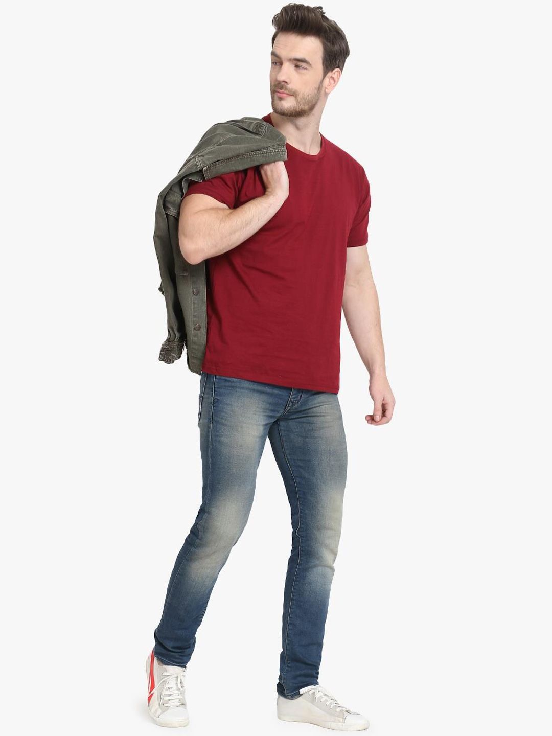 Kotty Men Olive Green Solid Denim Jacket