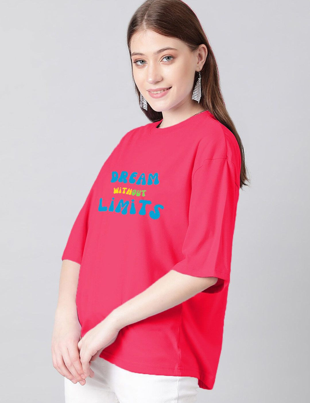 Kotty Pink & Blue Typography Printed Drop Shoulder Sleeves Oversized Casual T-Shirt