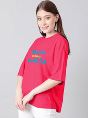 Kotty Pink & Blue Typography Printed Drop Shoulder Sleeves Oversized Casual T-Shirt