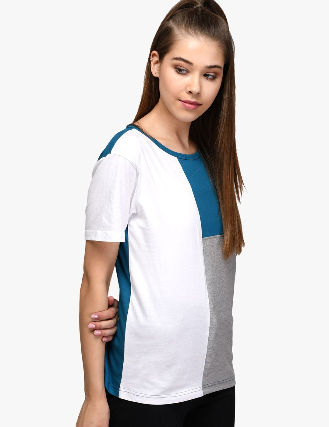 Kotty Women Blue & Grey Colourblocked Round Neck T-shirt