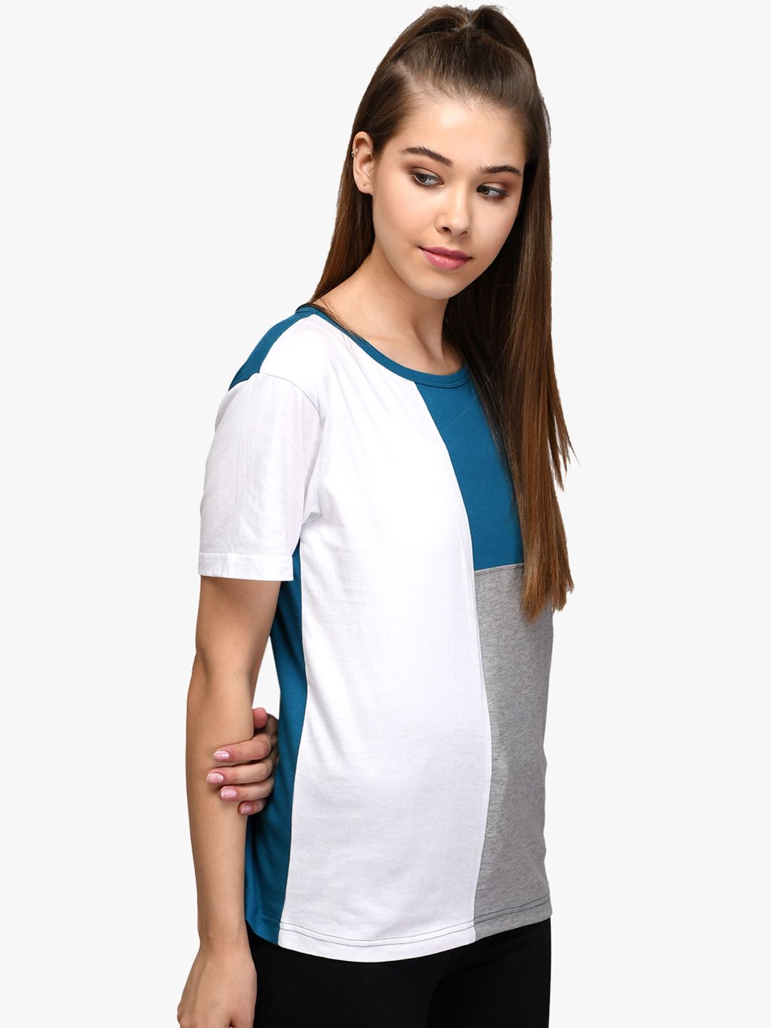 Kotty Women Blue & Grey Colourblocked Round Neck T-shirt