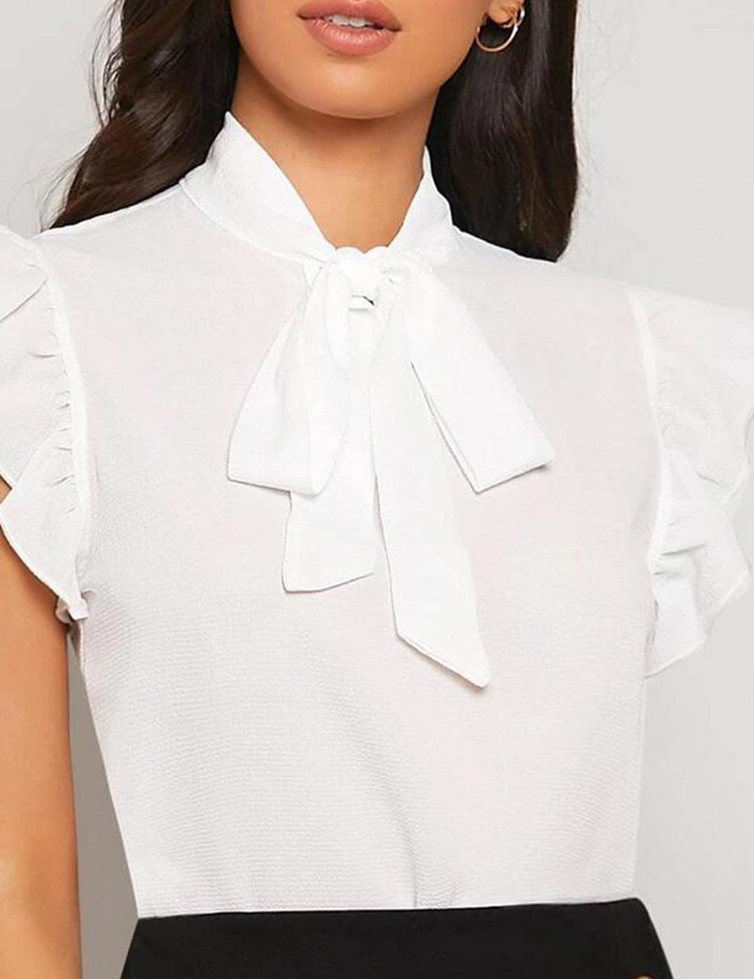 Kotty White Tie-Up Neck Flutter Sleeves Regular Top