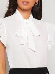 Kotty White Tie-Up Neck Flutter Sleeves Regular Top