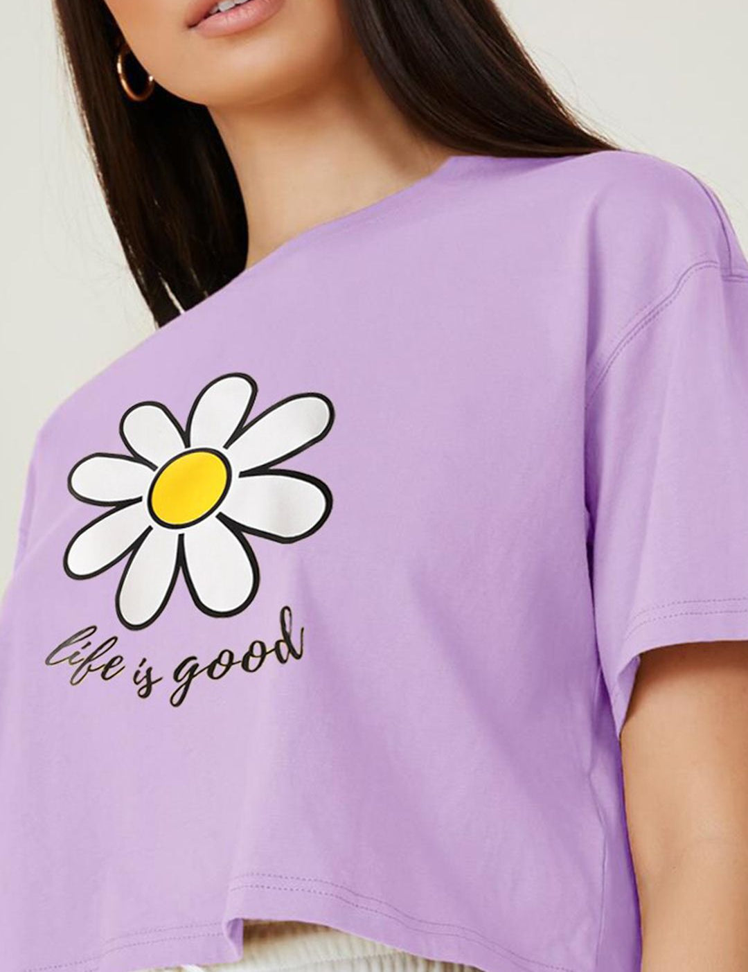 Kotty Purple Floral Printed Round Neck Drop-Shoulder Sleeves Oversized Crop T-shirt