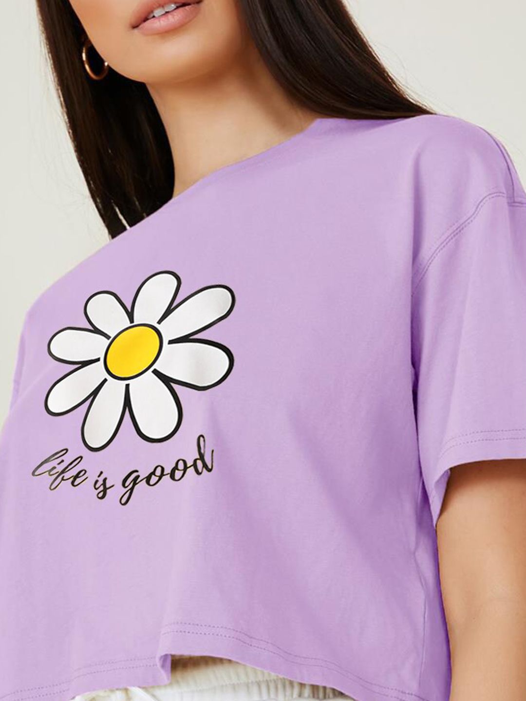 Kotty Purple Floral Printed Round Neck Drop-Shoulder Sleeves Oversized Crop T-shirt