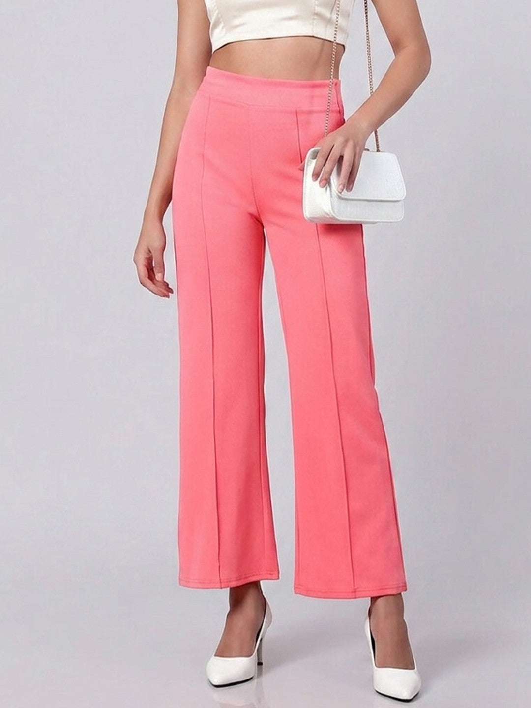 Pink Regular Fit High-Rise Trousers for Women – Trendy Solid Design | Kotty