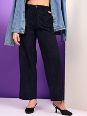 Kotty Women Relaxed Straight Leg Straight Fit High-Rise Corduroy Pleated Trousers