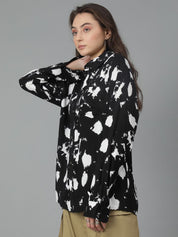 Kotty Women Spread Collar Abstract Printed Cotton Oversized Casual Shirt